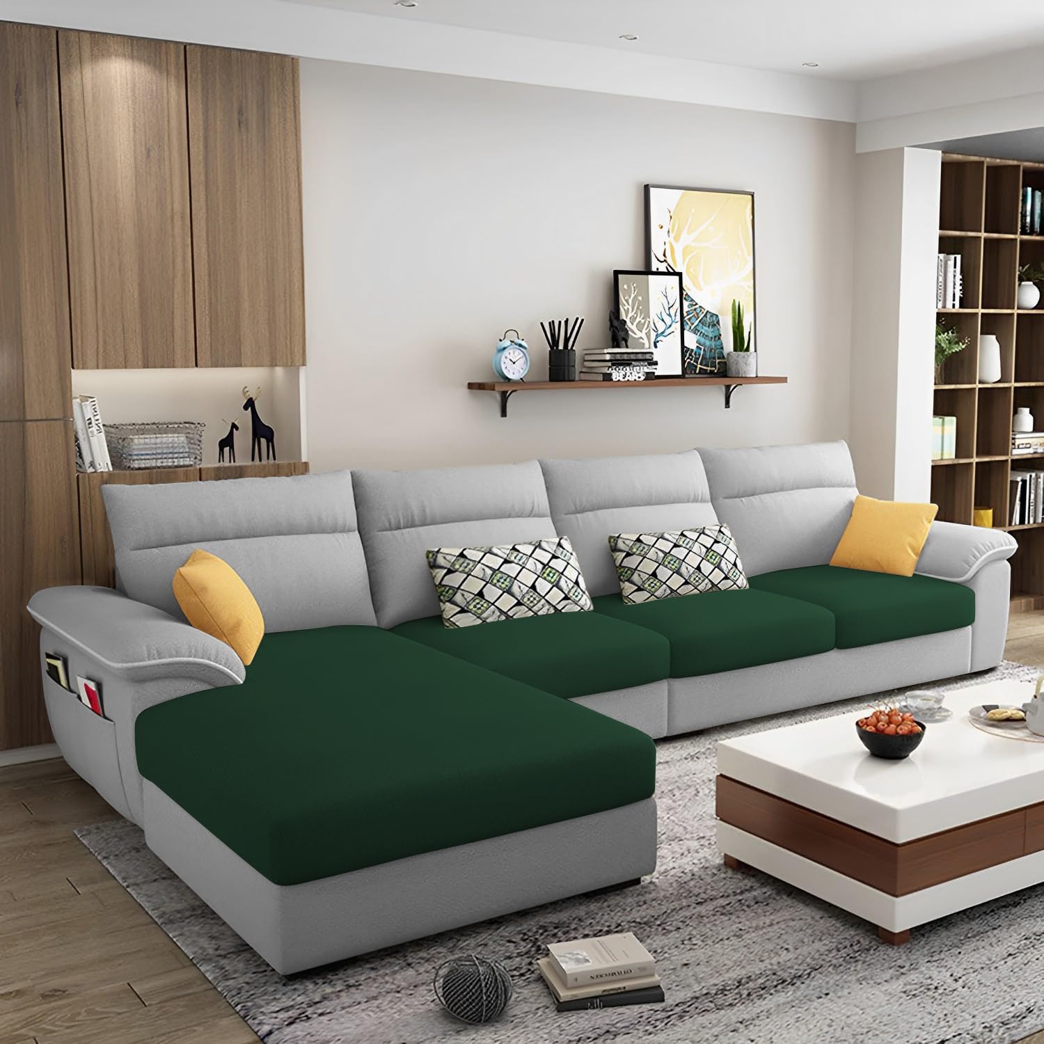 GRAPEWOOD Leams 6 Seater LHS L Shape Sofa for Living Room | Color - Green Grey | Premium Fabric Sofa