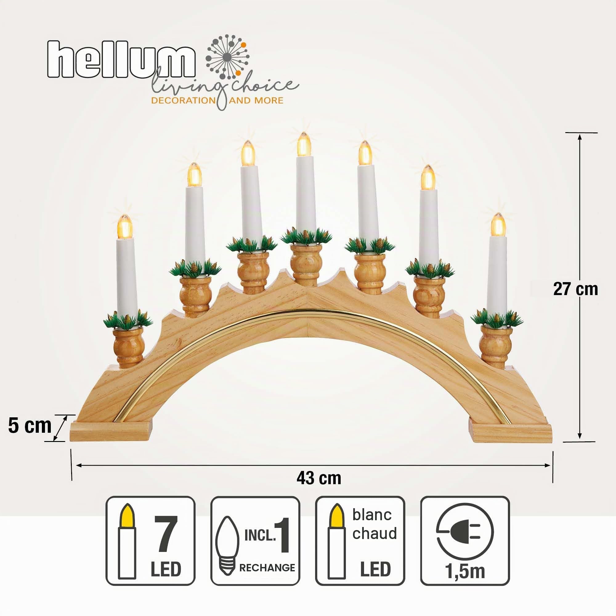 Hellum Arche lumineuse de Noël, éclairage de fenêtre de Noël intérieur, 43 x 27 cm, avec 7 bougies (+ de rechange) et barre dorée, arche lumineuse avec courant et interrupteur 151800