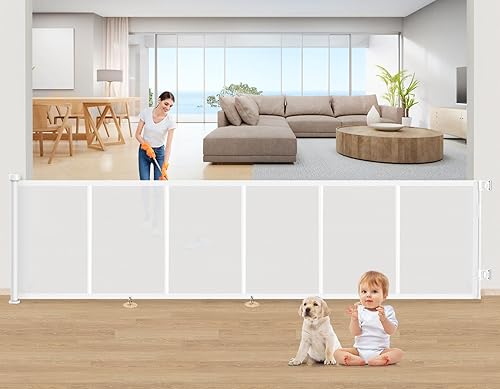 Miniatura 20 de Puertas retráctiles para bebés de 55 pulgadas, EZIGO Puerta para bebés extra ancha para aberturas grandes, Puerta de malla extra larga para niños