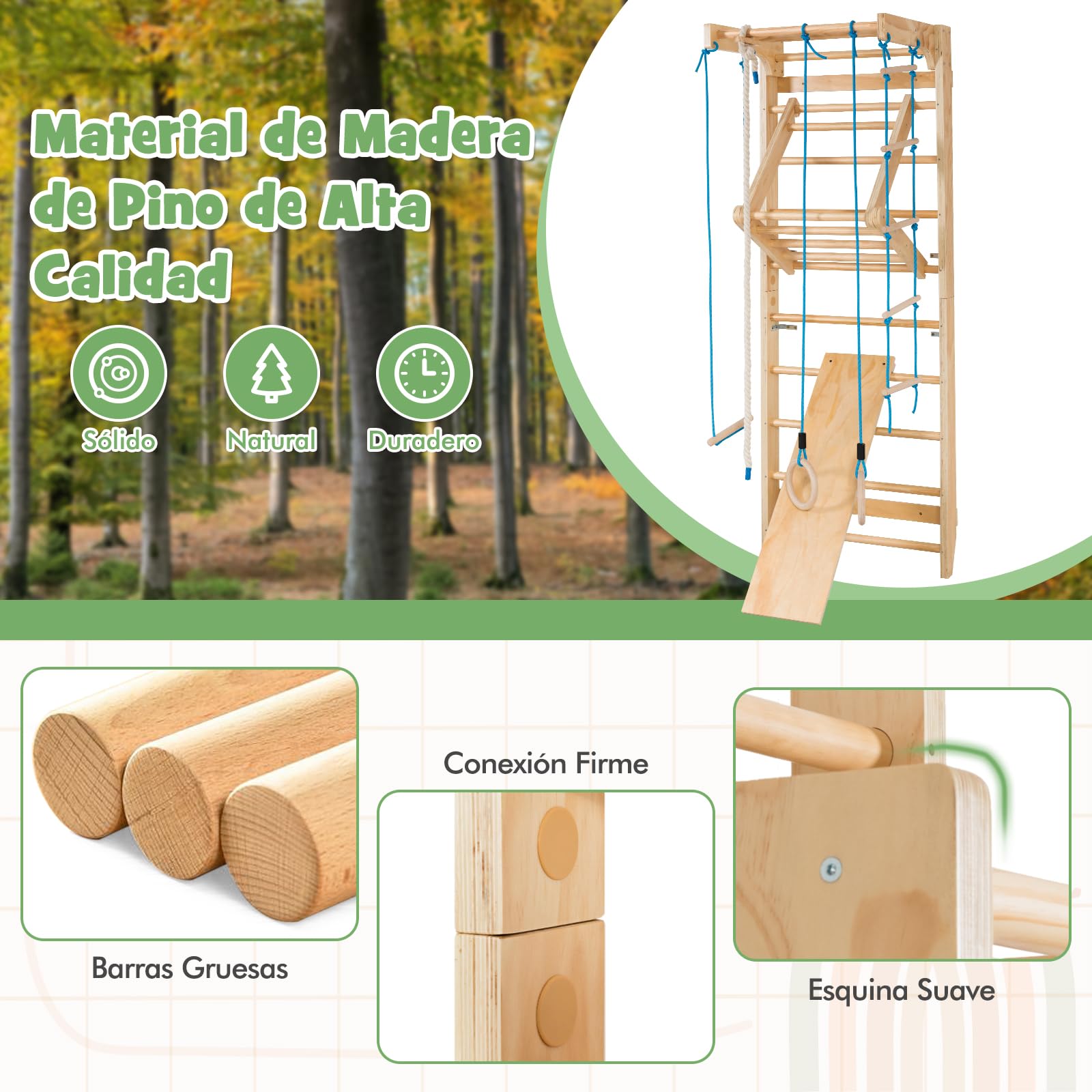 COSTWAY Espaldera Gimnasio Casa, Escalera Sueca Madera, Barra de Dominadas, Equipo de Entrenamiento para Adultos y Niños, Fitness Casa Deportiva Carga 100kg, 80x60x220cm, Natural