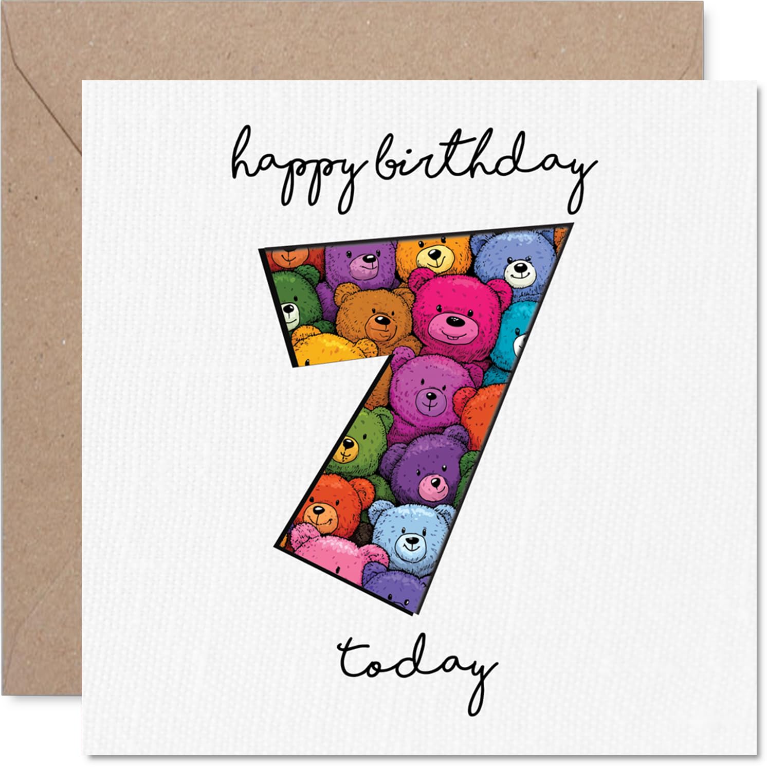 Playful 7th Birthday Card - Bursting with Birthday Bears - Colourful Number 7 Design Packed with Cheerful Teddies - 145mm Square, Envelope Included