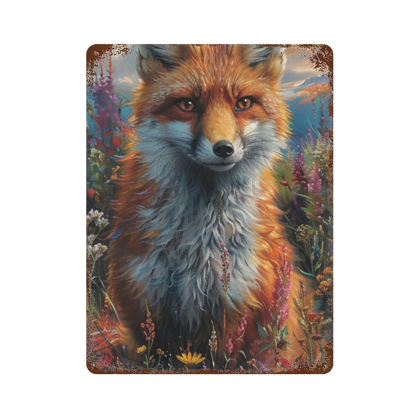 Fox in Wildflower Field 15.7"x11.8" Aged Metal Wall Plaque, Classic Wall Plaque for Basement, Hobby Room And Garage Decor