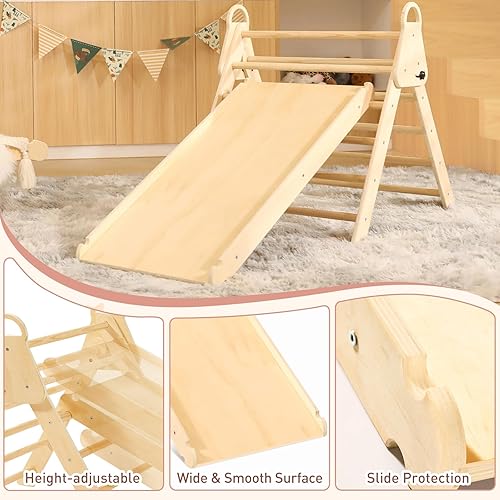 Miniatura 5 de Juego de triángulos Pikler con mango 3 en 1 con tobogán ancho y rampa, juguetes de escalada Montessori plegables de madera, escaladores de interior