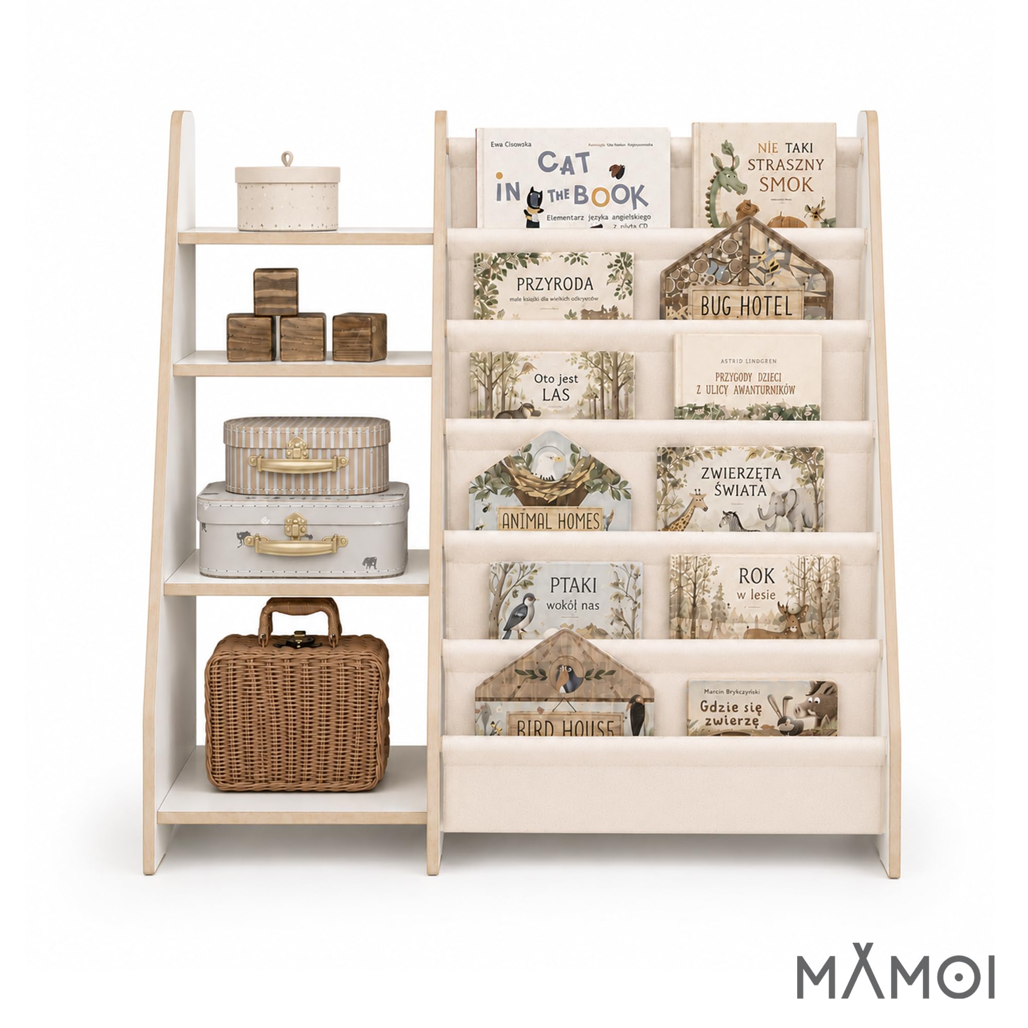 MAMOI Scaffale per libri e giocattoli per bambini, funzionale 2 in 1, organizer con ripiani e borse in tessuto, biblioteca per bambini, mobili in stile Montessori, 100% ecologico, prodotto nell'Unione