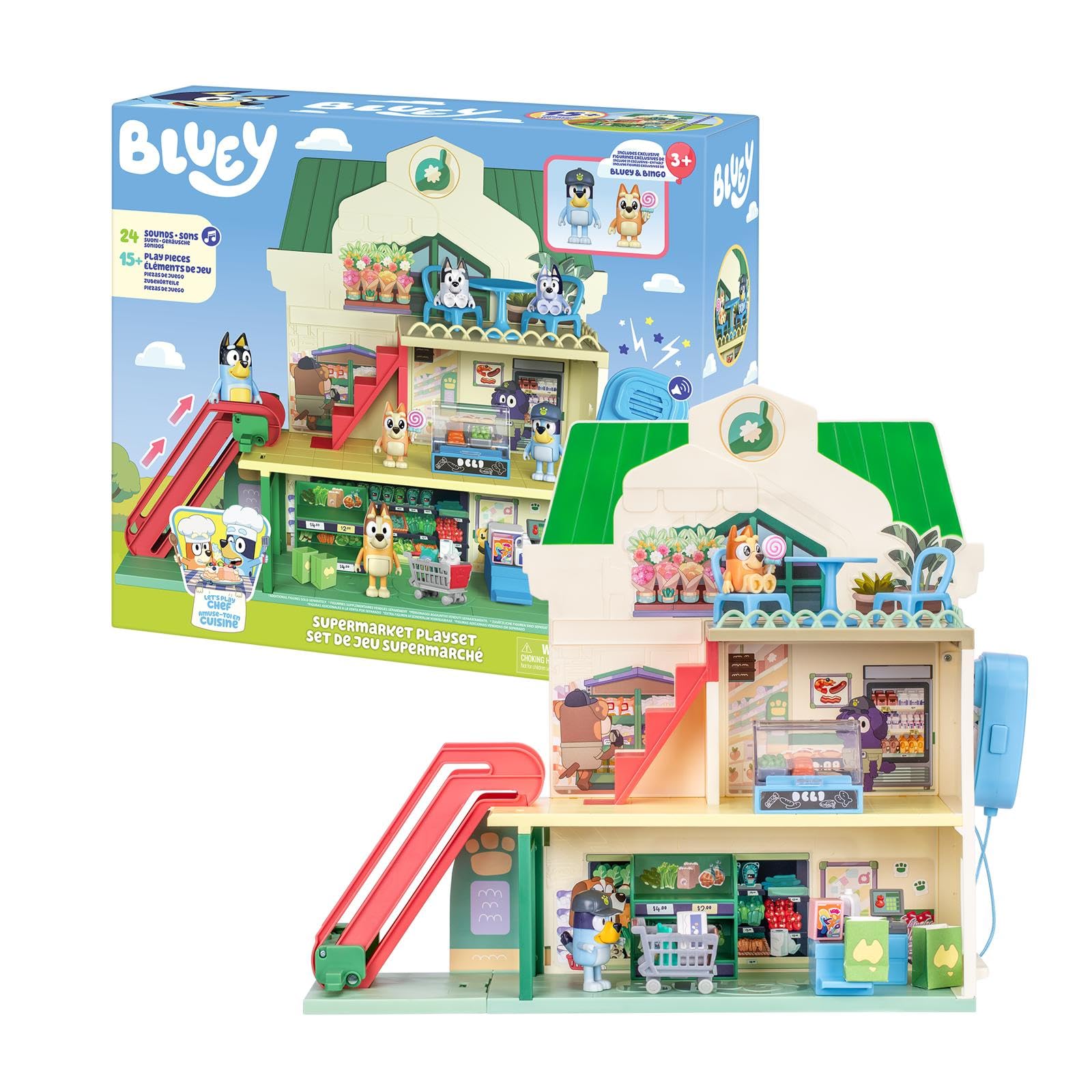 Rocco Giocattoli | Il Supermercato di Bluey - Playset con 2 Action Figures, Accessori e adesivi