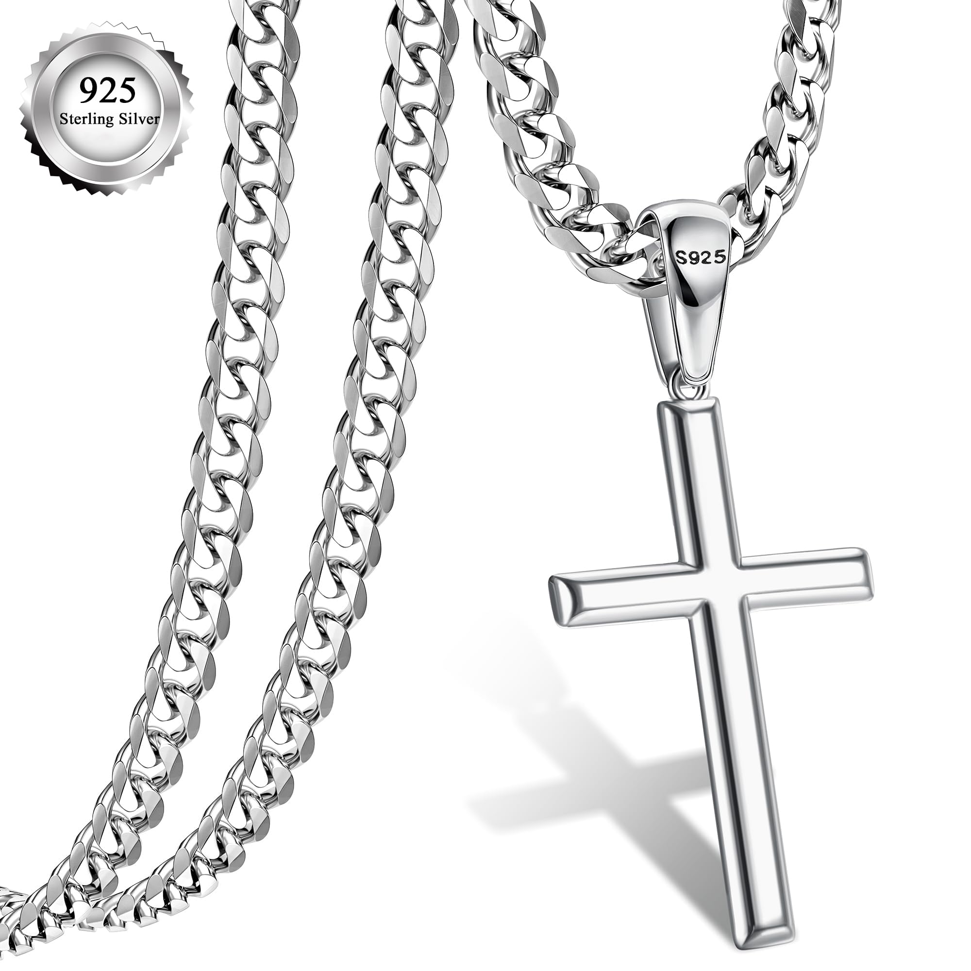 YADOCA Collar Cruz Hombres, Plata de Ley 925 Collares de Hombres de 5mm Fuerte de Acero Inoxidable de Corte de Diamante Cadena de Plata Hombre Cruz Colgante Hombres Cruz Collar 41-66cm