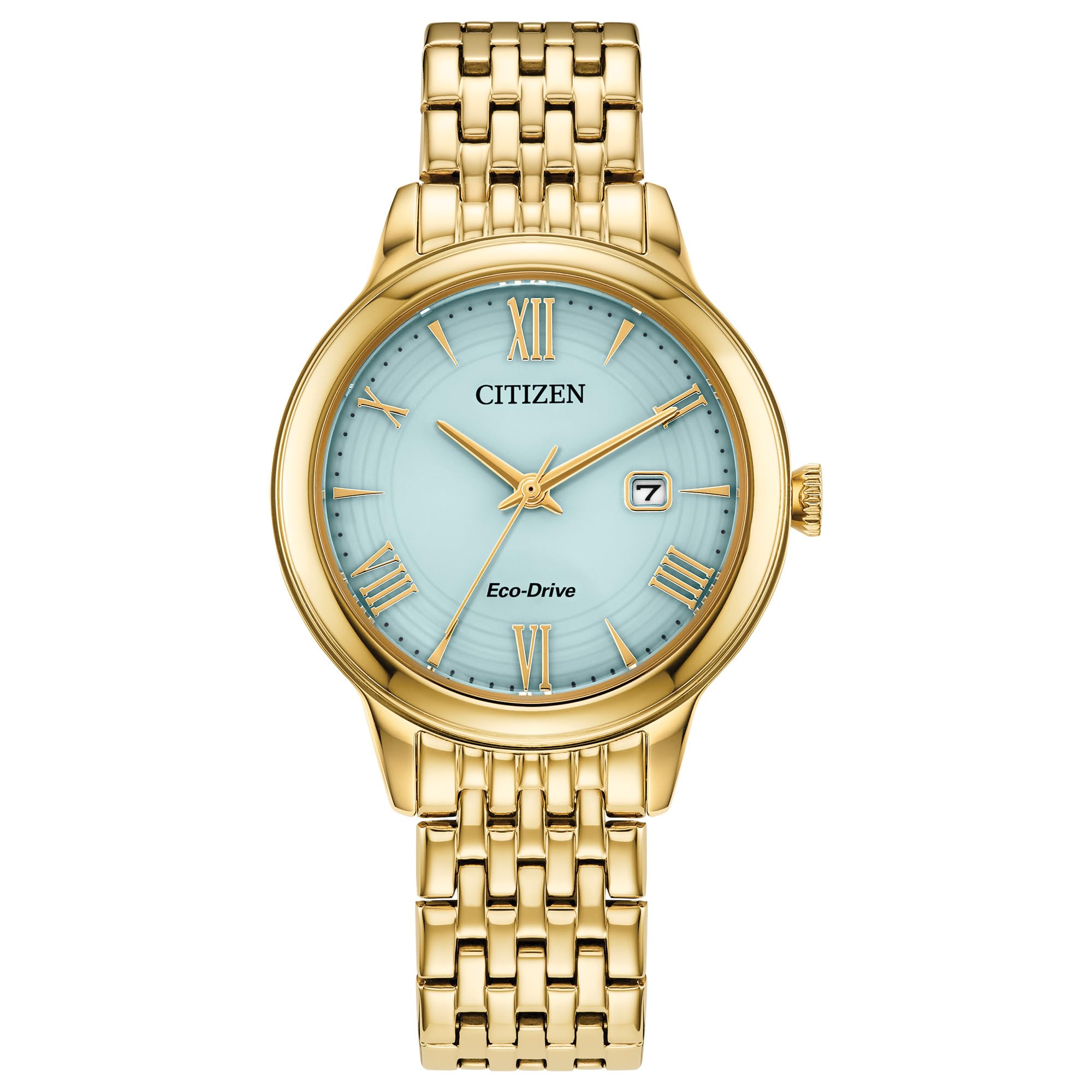 CITIZEN Ladies Eco-Drive Dress Classic Watch, Gold-Tone Stainless Steel Bracelet, Light Blue Dial, 3 Hand, Date (Model: EW2622-56M)