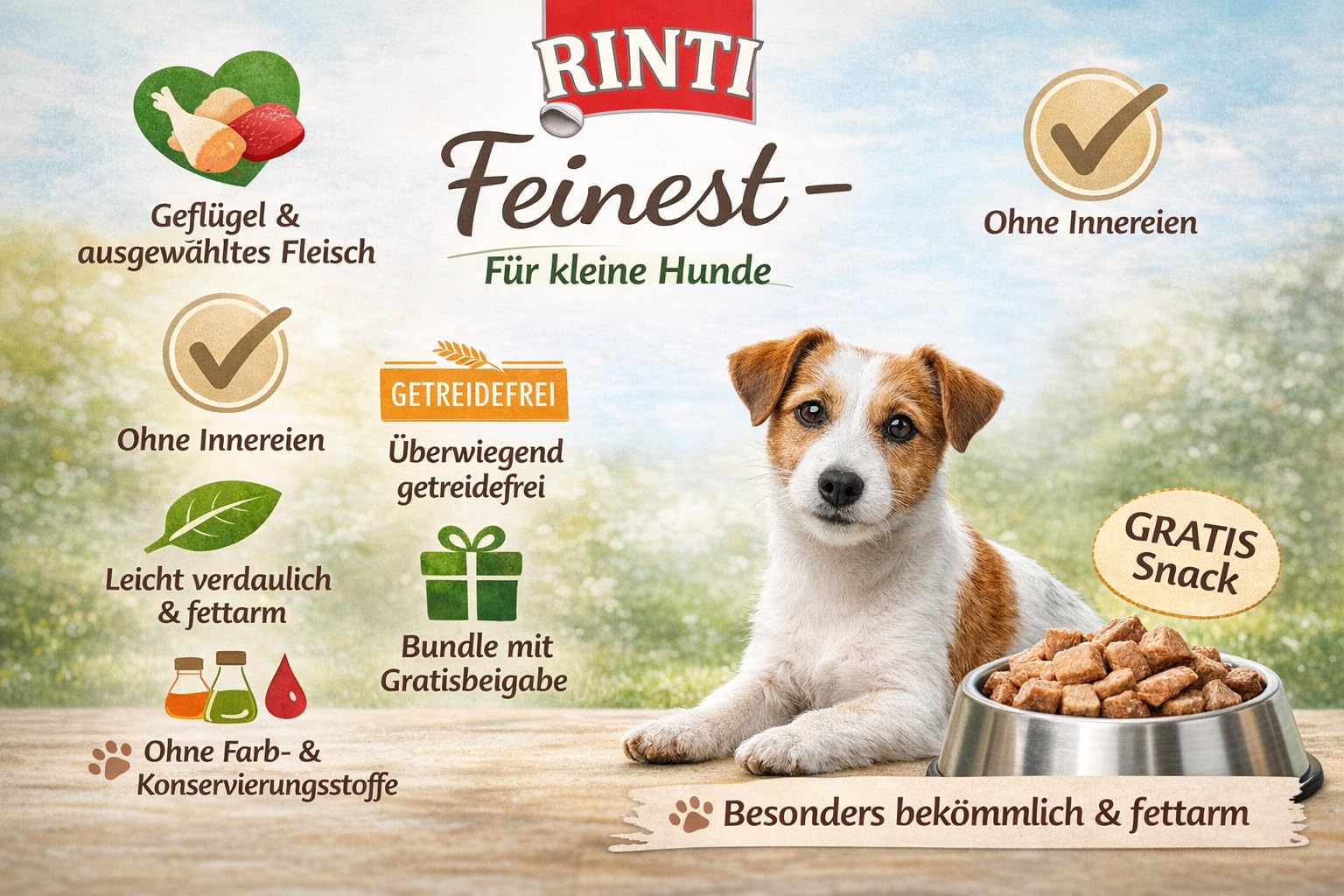 Bundle RINTI-Feinest | Geflügel Pur & Ente | 12 x 150g Nassfutter für kleine Hunde | fettarm & leicht verdaulich | inkl. Gratis Alpha Spirit Snack