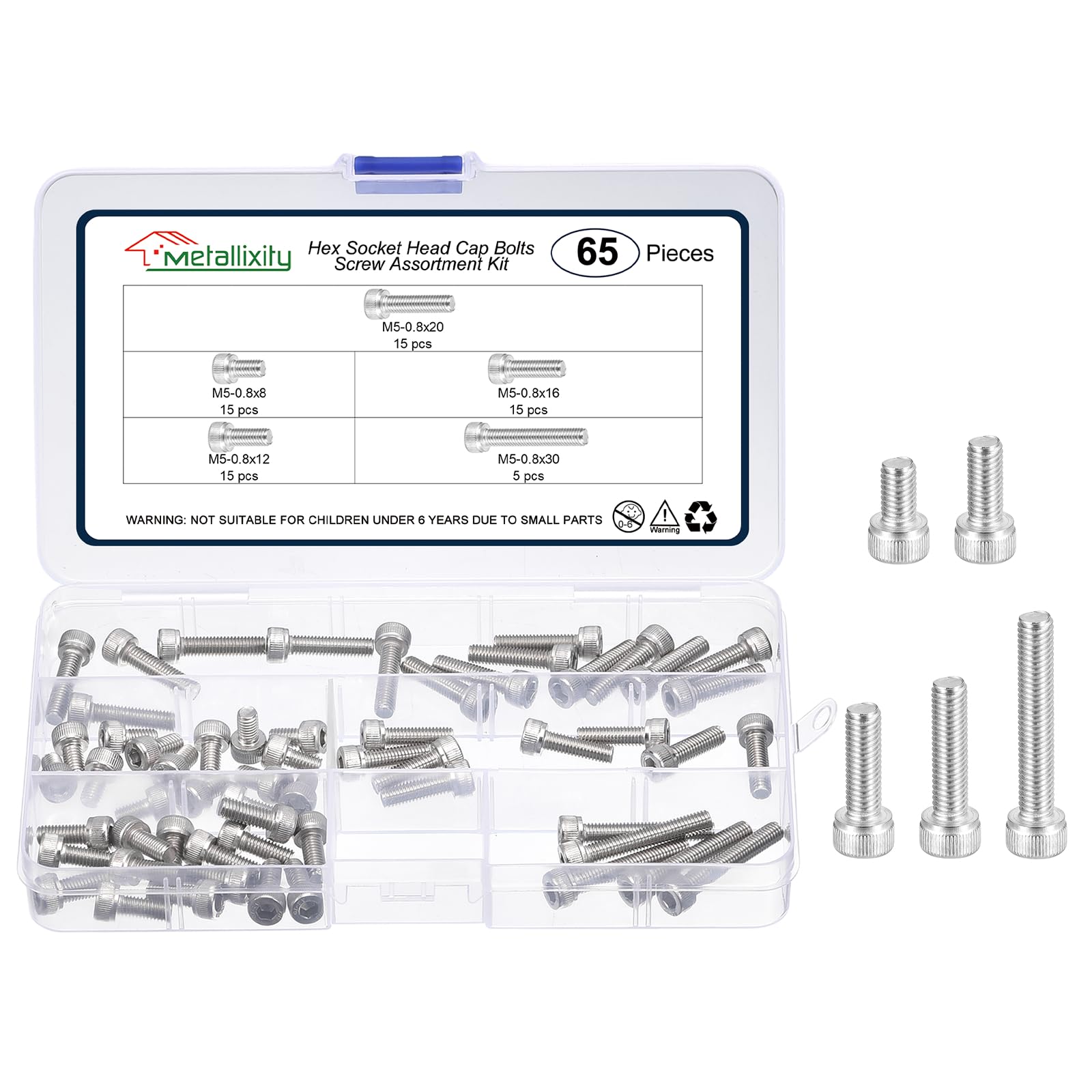 METALLIXITY Socket Head Cap Screws Kit (M5x8/12/16/20/30) 75Pcs, Stainless Steel Allen Socket Drive - Machine Internal Hex Screw, Silver โ image 1