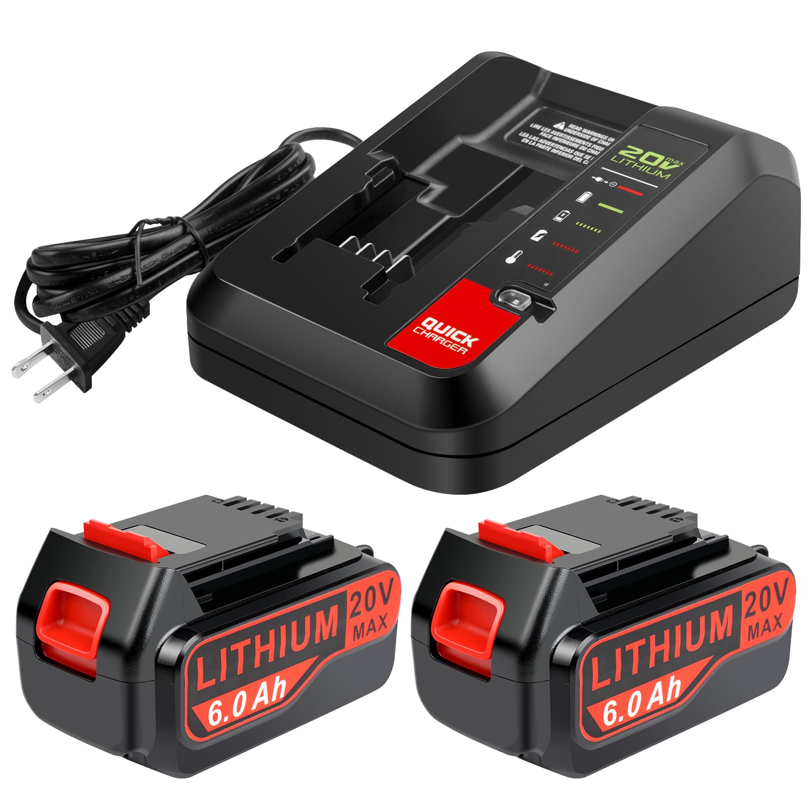 Djsanu 20V Max 6.0Ah Replace Battery for Black and Decker 20V Battery with 20V Battery Charger PCC692L, 2 Packs 20V Replace Battery and Charger Combo Compatible with Black Decker 20V Lithium Battery