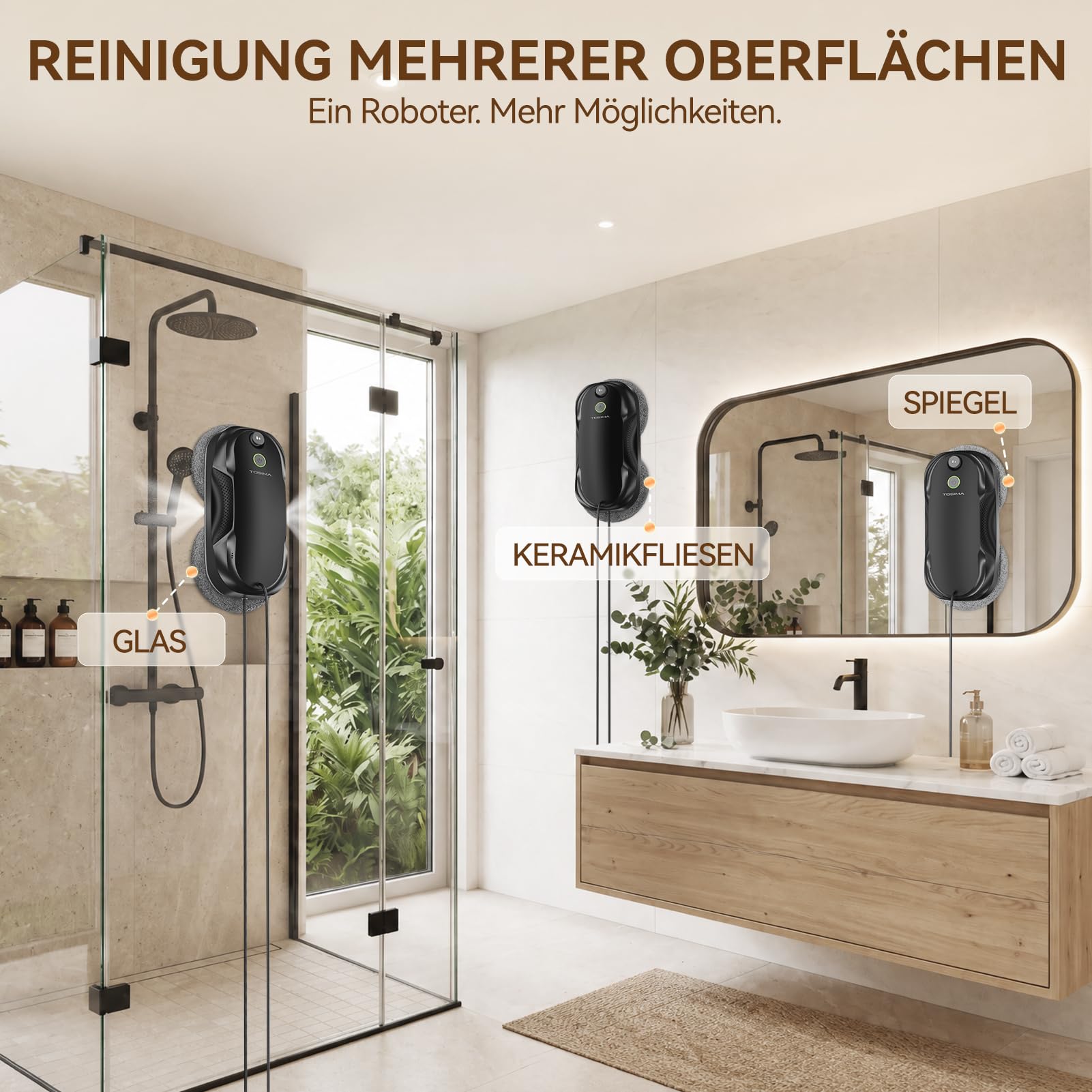 Tosima W5 Fensterputzroboter mit bidirektionalem Ultraschall-Nebelsprühfunktion, 6400Pa adaptiver Saugkraft und intelligenter Kantenerkennung für Fensterreinigung, 2026 verbesserte Version, Schwarz