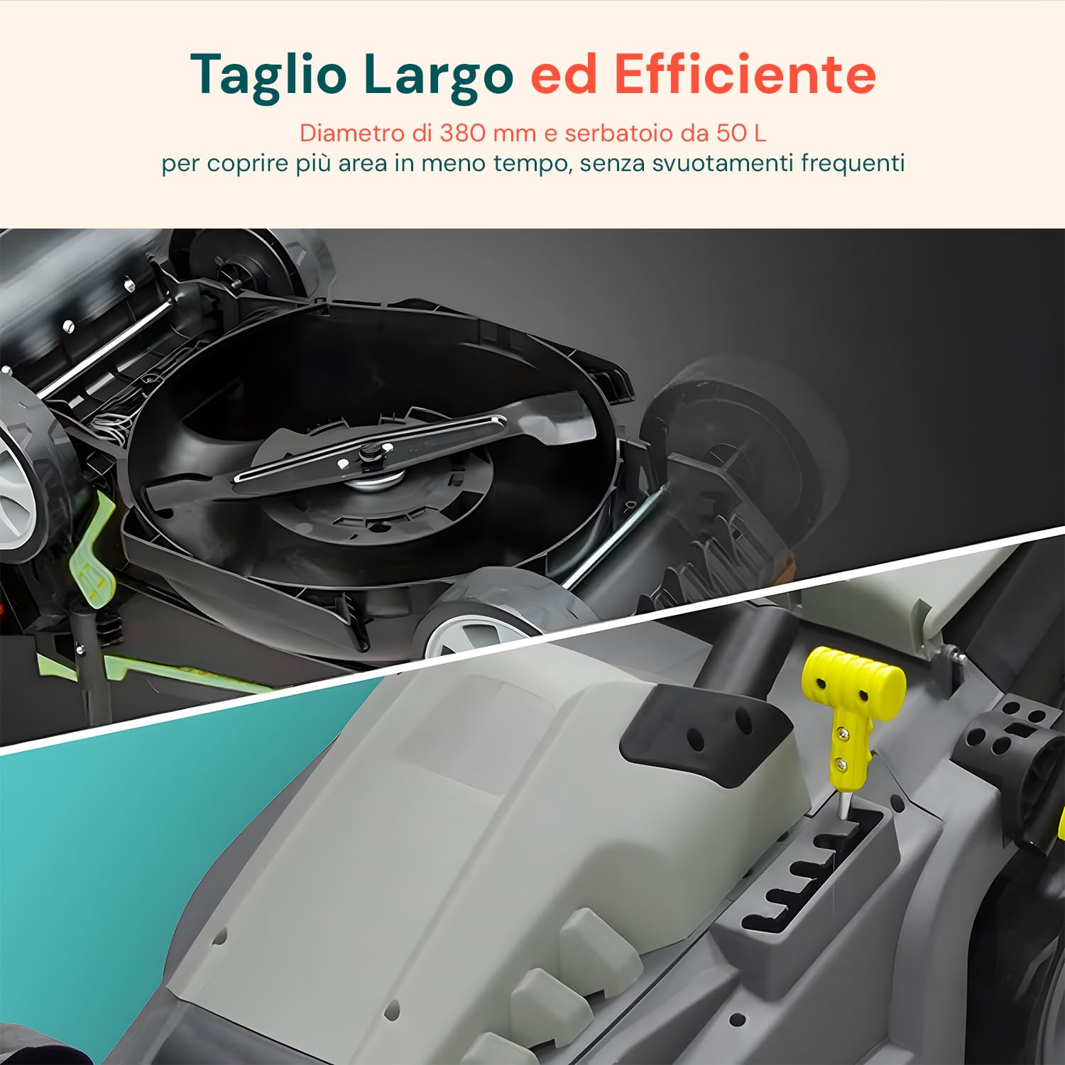 Avilia Cortacésped eléctrico de inducción – Cortacésped Ajustable con 5 Alturas de Corte, diámetro de Corte 380 mm, Velocidad 3000 RPM, 1600 W, 230 V, con Cesta de Recogida de 50 l, 143 x 105 x 55 cm