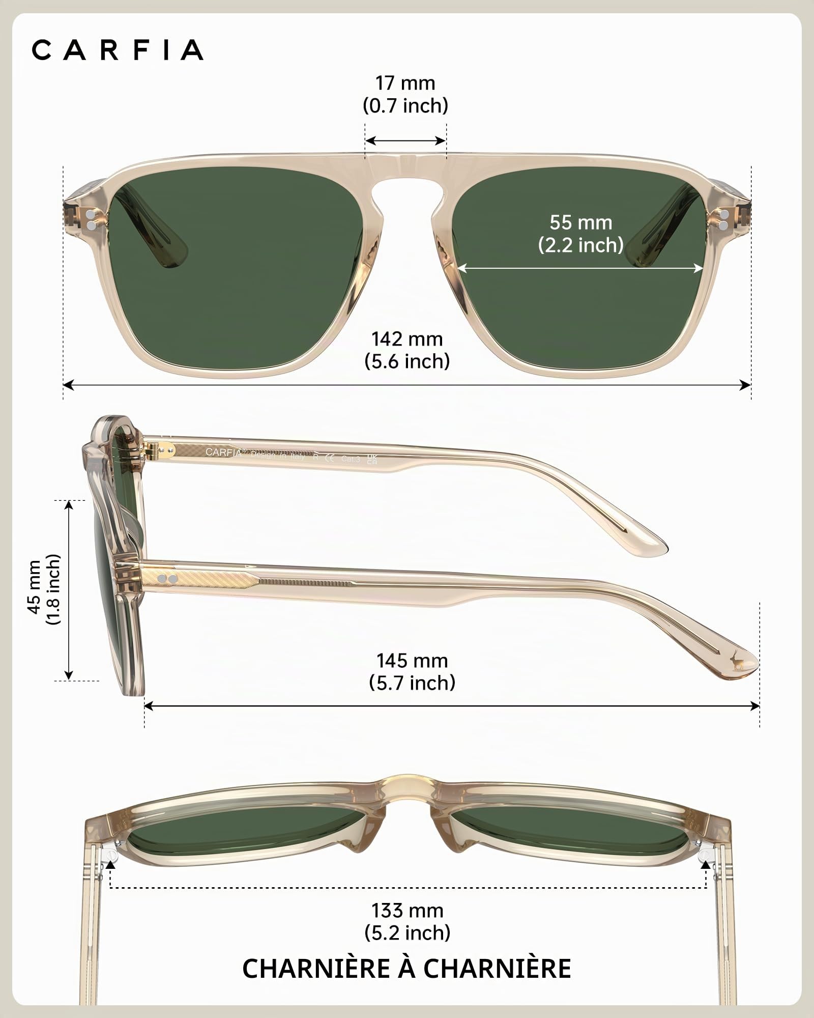 Carfia Polarisées Lunettes de soleil Hommes - Pilote Modèle UV 100% Protection Monture Rectangulaire en Acétate Lunettes de conduite CA5355