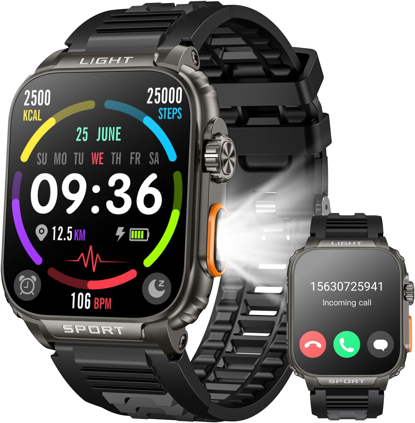 smartwatch for men android fitness Tracker: 1.91" Military Smart Watch with Strong Flashlight Make Answer Bluetooth Call Android Phone iPhone Compatible IP68 Waterproof Step Tracker Heart Rate Monitor