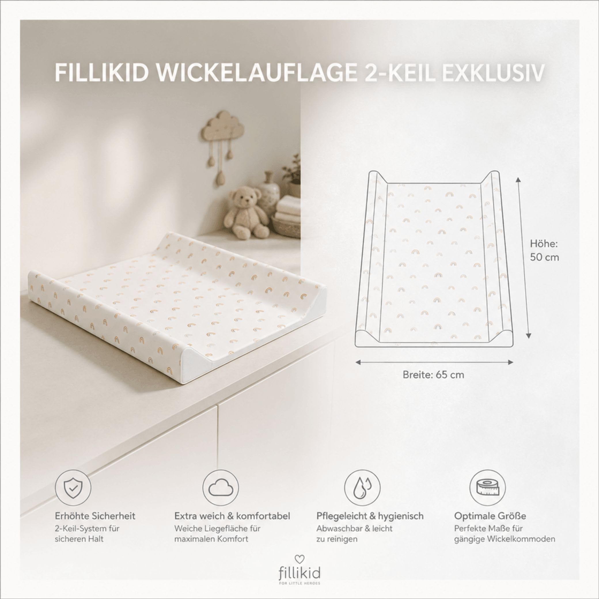 Fillikid Wickelauflage 2-Keil Exklusiv/Wickelmulde 50x65 cm/Wickelunterlage mit abwaschbarer Folienbezug/geeignet für schwedische Kommoden/weiche Thermovliesfüllung/Auflage Wickeltisch