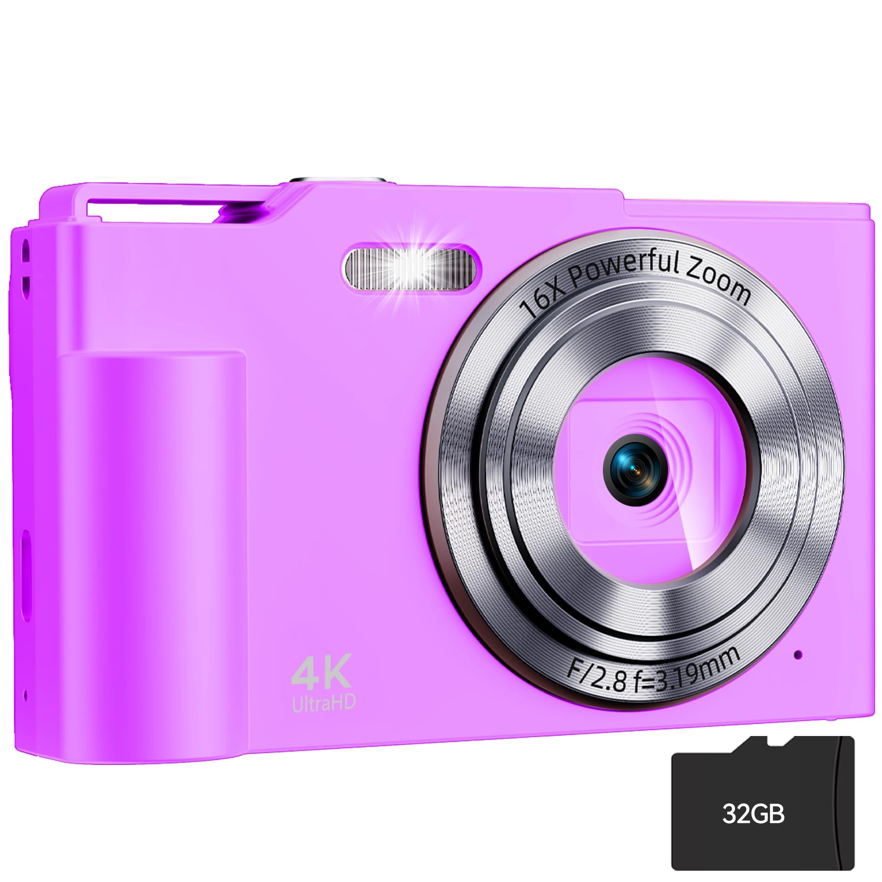 Digital Camera, FHD 4K Digital Point and Shoot Camera with 16X Zoom Anti Shake, 48MP Compact Small Camera with 32GB Card for Boys Girls Kids Fuchsia Purple
