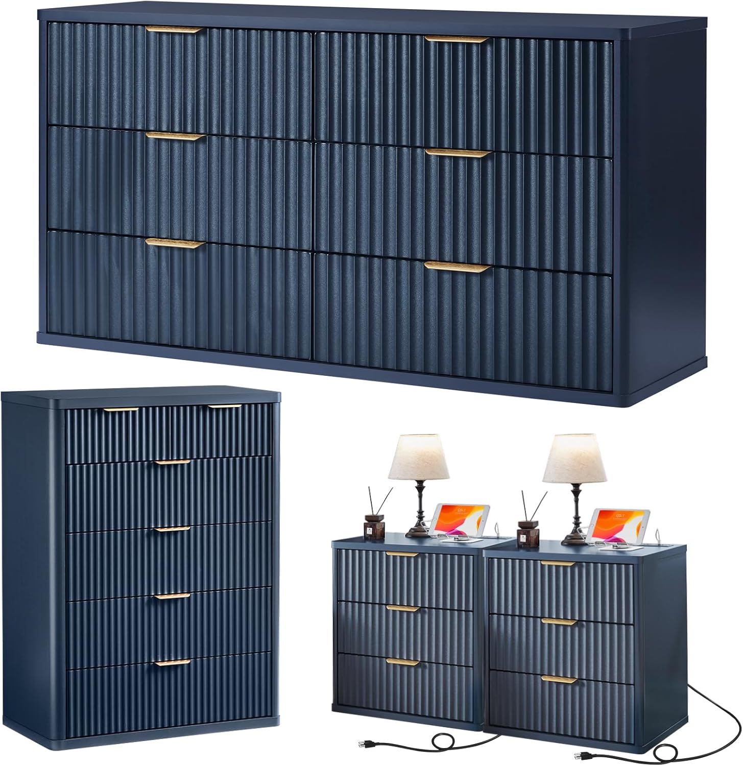 LEYAOYAO Fluted Dressers & Nightstand Set of 4, Wood 48" Wide Dresser & 42" Tall Chest of Drawers,Modern Bedroom Furniture Sets,Navy Blue Wooden Nightstand Set of 2 with 3 Drawers & Charging Station