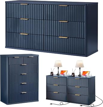 LEYAOYAO Fluted Dressers & Nightstand Set of 4, Wood 48" Wide Dresser & 42" Tall Chest of Drawers,Modern Bedroom Furniture Sets,Navy Blue Wooden Nightstand Set of 2 with 3 Drawers & Charging Station