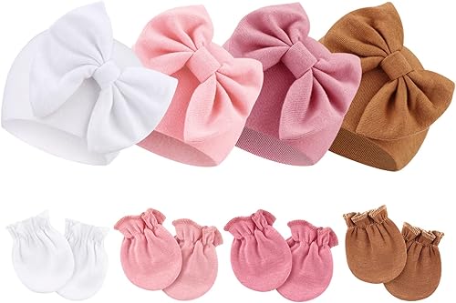 AQOKKA 4 Pieces Newborn Baby Girls Hats Mittens Set Beanie Infant Bow Hats Hospital Hat Baby Cotton Hats for 0-6 Months