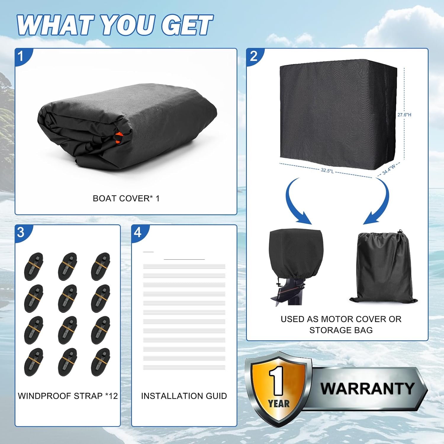 Boat Cover 17-19 ft 1200D Waterproof Boat Covers with Motor Cover Fits Bass Tracker Cover, V-Hull Tri-Hull Bass Boat.Trailerable Marine Grade Boat Cover, Pro-Style Bass Boat with Tightening Strap