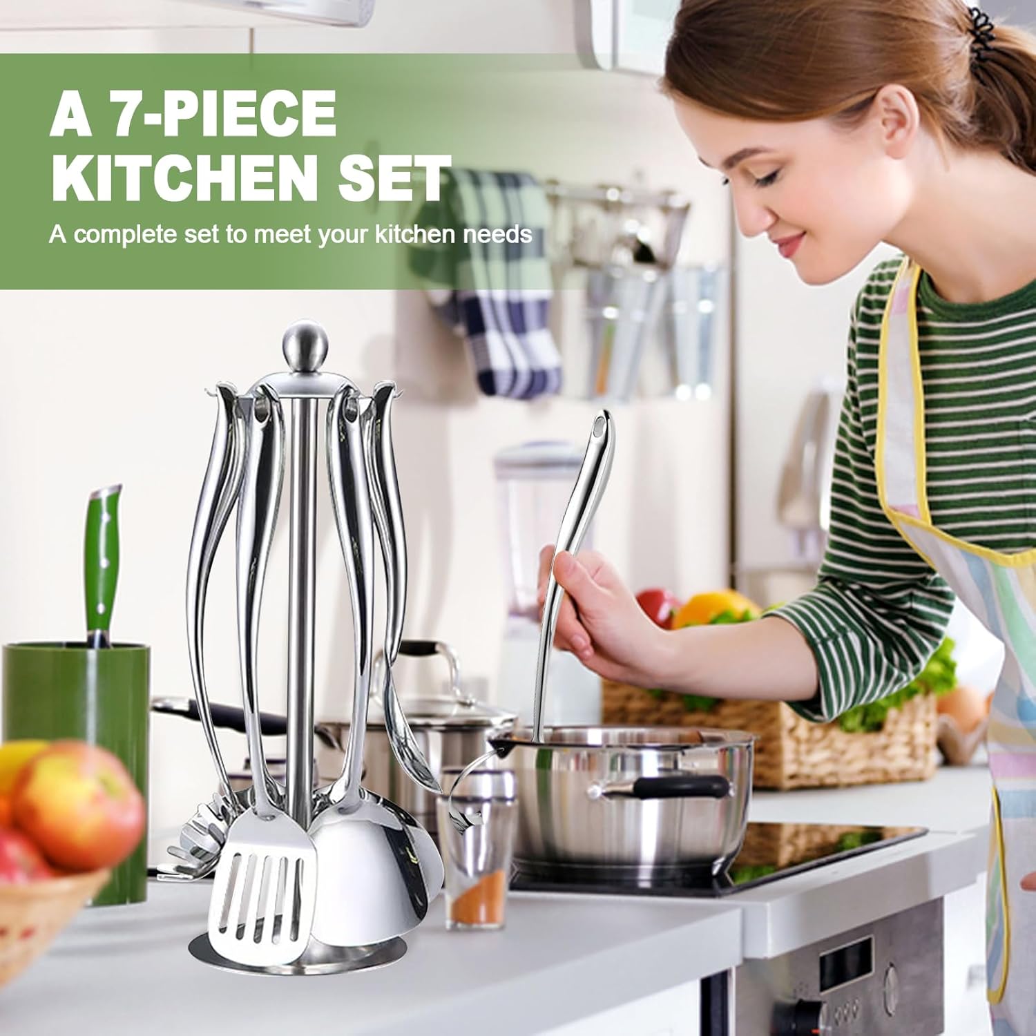7-Piece Stainless Steel Kitchen Utensil Set with Rotating Holder, Kitchen Cooking Tools Including Spatula, Ladle, Turner, Skimmer, Pasta Server & Large Spoon