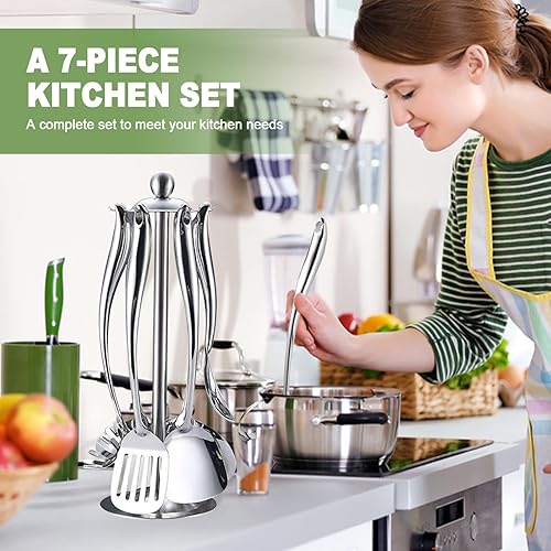 Miniatura 5 de Juego de utensilios de cocina de acero inoxidable de 7 piezas con soporte giratorio, herramientas de cocina que incluyen espátula, cucharón,