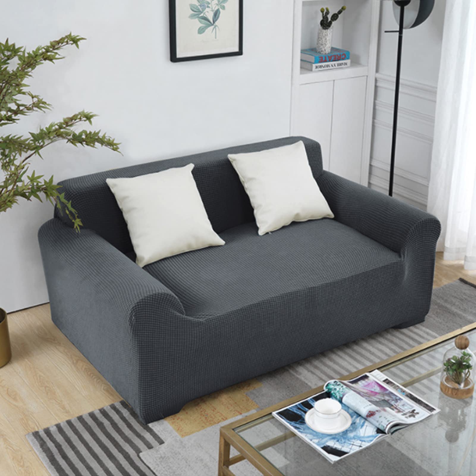 Housse de canapé jacquard extensible gris foncé 2 places lavable