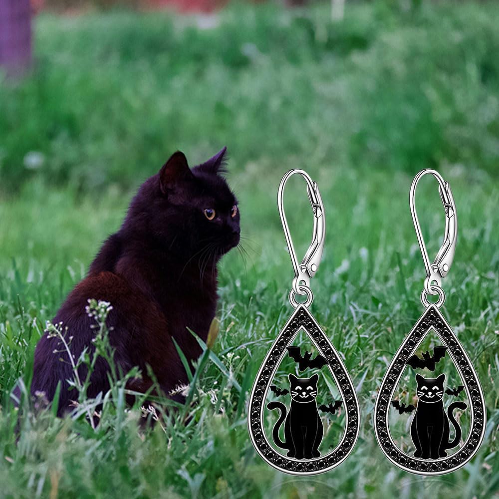 Cat Earrings for Women 925 Sterling Silver Bat Earrings Dangle with Black Cat Design Halloween Earrings for Women Gifts for Halloween