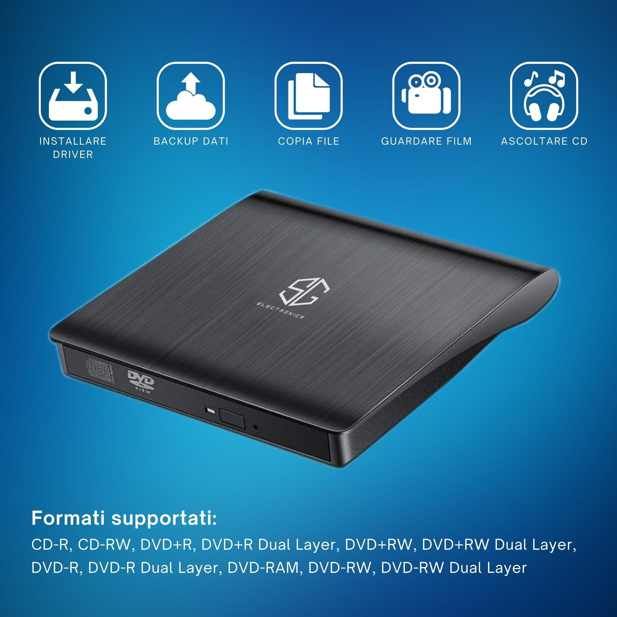 SG, Lettore CD DVD Esterno Portatile, Masterizzatore DVD Esterno, Lettore CD Esterno per Pc Portatile e Desktop Tower, Disco Esterno Ultra Slim USB 3.0, compatibile con Windows, Linux e Mac OS