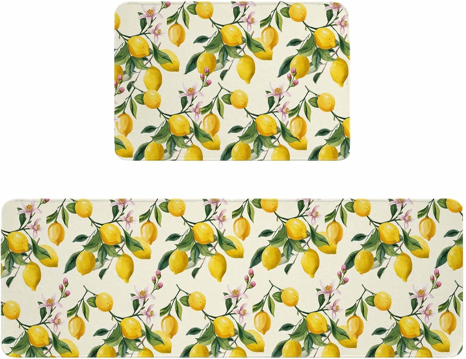 Lemons Kitchen Rugs and Mats Set of 2, Non-Slip Kitchen Sink Mat, Summer Botanical Yellow Fruit Leaves Flowers Washable Doormat Bathroom Rugs Runner for Bedroom/Living Room 15.7"x23.6"+15.7"x47.2"