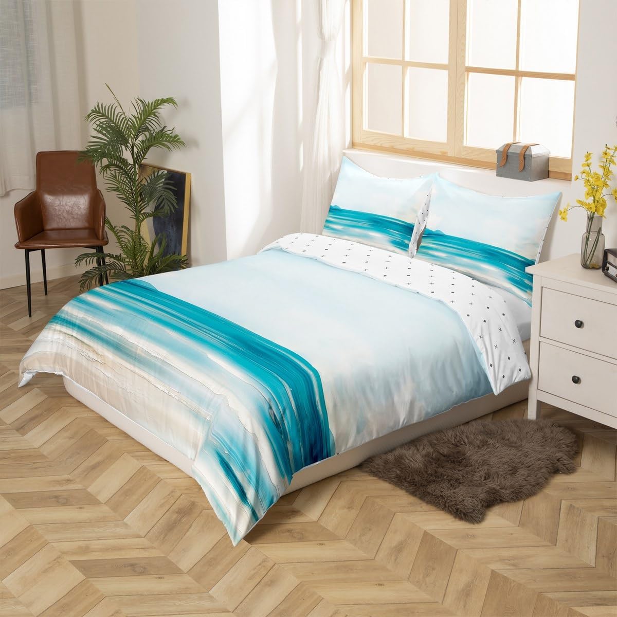 Erosebridal Abstract Beach Duvet Cover Queen Size Teal Oil Painting Bedding Set for Kids Boys Girls Ocean Sea Wave Lake Comforter Cover Summer Nature Landscape Hawaii Farmhouse Bedclothes