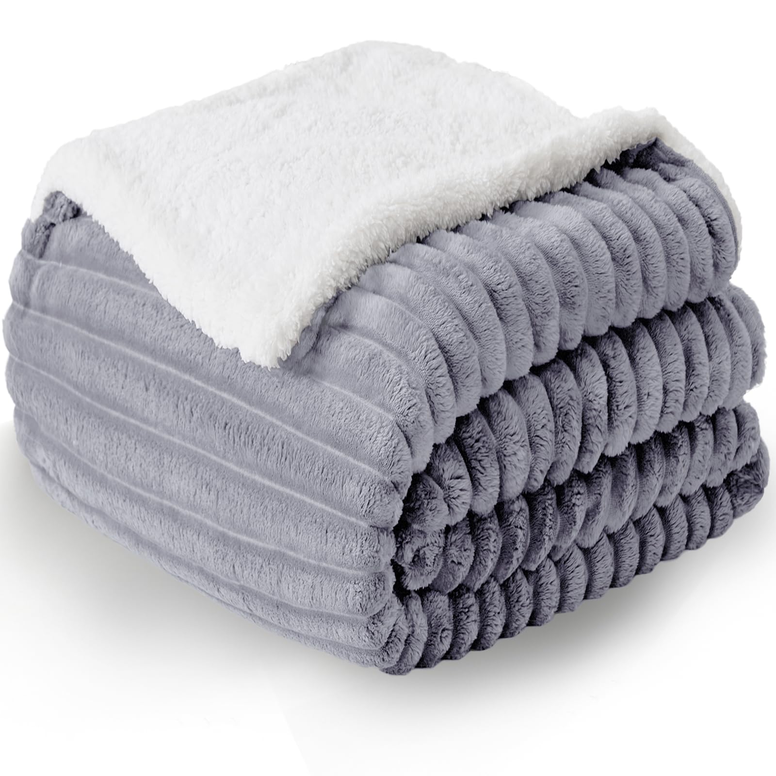 WAVVE Reversible Flannel Sherpa Blanket for 135/150 Bed, Fleece Blanket with Drawstring for Sofa, Large Blanket 240 x 220 cm, Overbed Soft, Warm, Breathable for Winter (Light Grey)