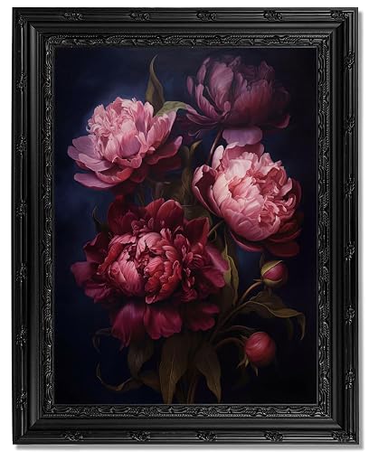 Dark Gothic Peony Framed Wall Art, Vintage Moody Floral Canvas