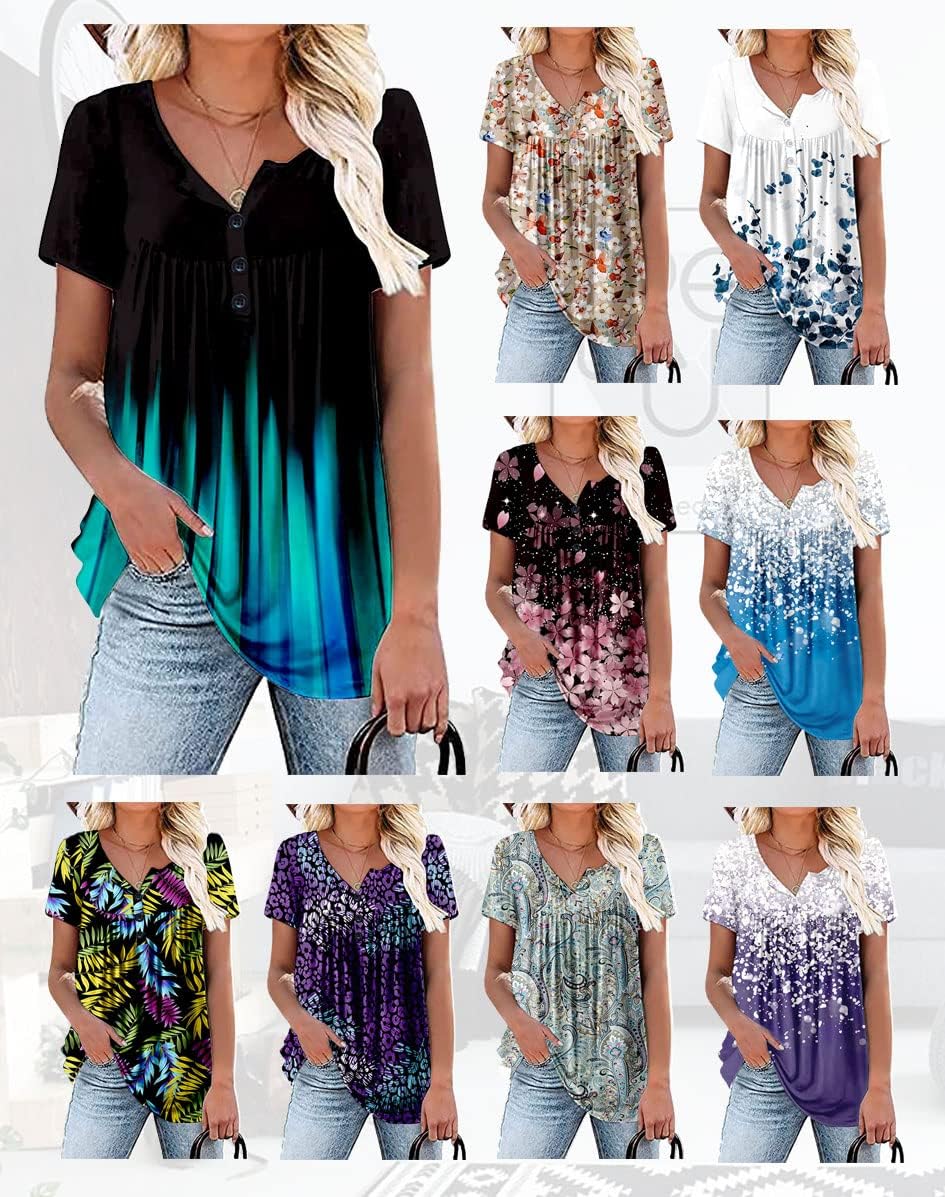Women's Plus Size Tops Blouses Short Sleeve Shirts Lace Pleated Tunic Tops L - Image 2