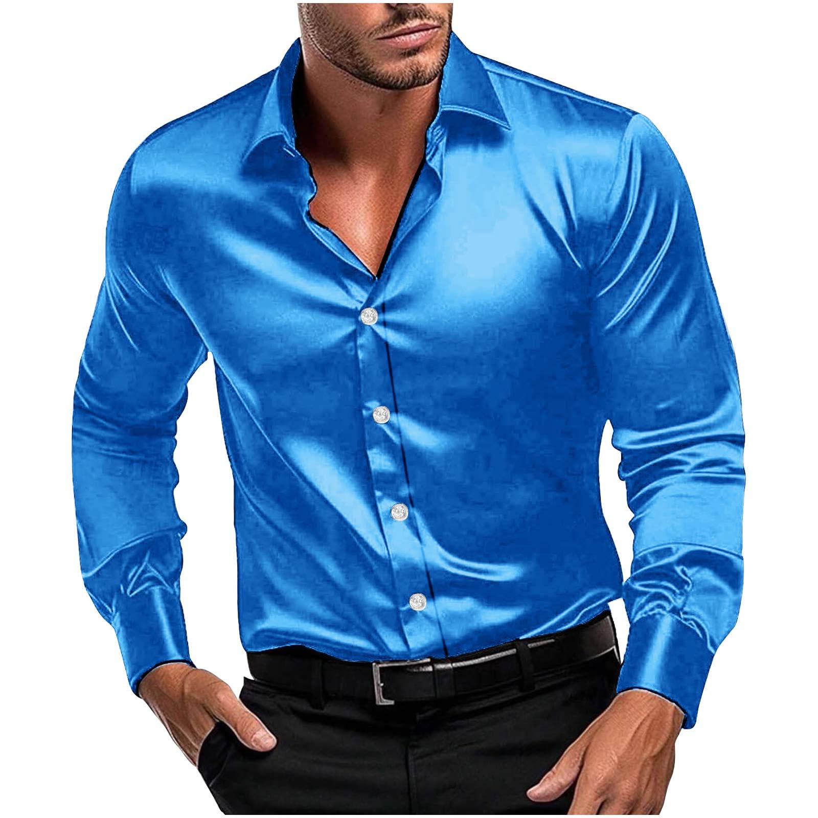 Men Long Sleeve Satin Dress Shirt Shiny Embroidery Silk Like Button Down Casual Luxury Prom Wedding Party Disco Solid