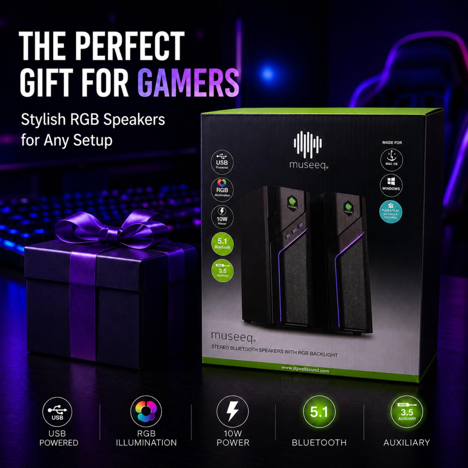 W-206RE Altoparlanti per PC desktop, luci RGB Bluetooth | 21 modalità RGB, suono stereo chiaro, Bluetooth, alimentazione USB, AUX da 3,5 mm e controllo touch per monitor