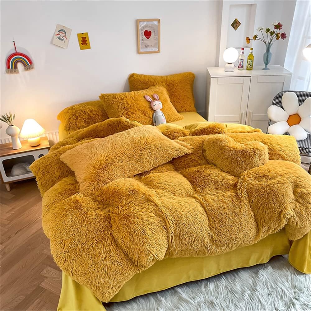 chovy Faux Fur Plush Ginger Yellow Comforter Sets King - Ultra Soft Shaggy Flannel Velvet Fluffy Fuzzy 3PC Bedding Set （Comforter x 1 Pillowcases x 2）