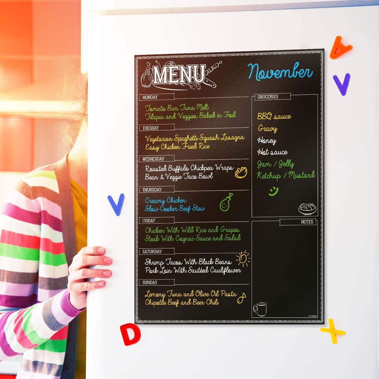 Magnetic Menu Board for Kitchen Fridge with Bright Chalk Markers - 17X12" - Dry Erase Weekly Meal Planner and Grocery List Notepad for Refrigerator - Perfect Chalkboard Magnet Pad