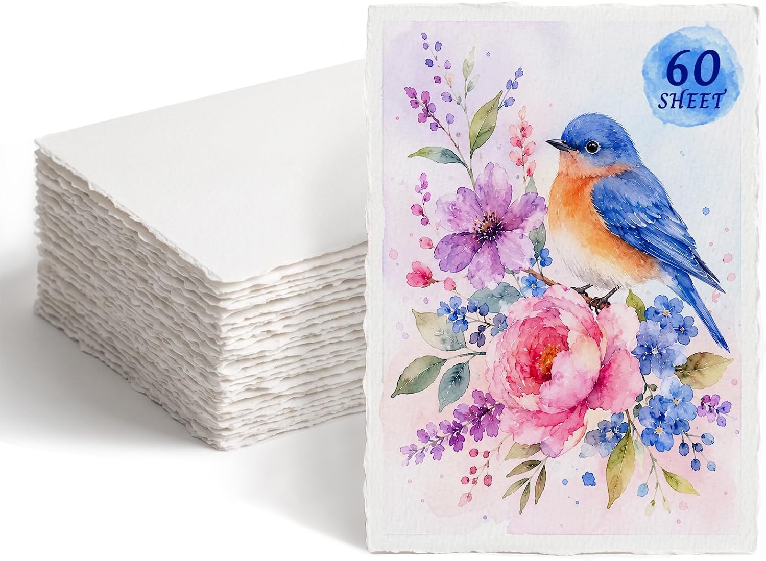 Deckled Edge Watercolor Paper 5x7 Inch, 60 Sheets 300gsm Thick Cotton Blend, Handmade Torn Edge Cards for Watercolor, Calligraphy, Wedding Invitations, DIY Crafts & Postcards
