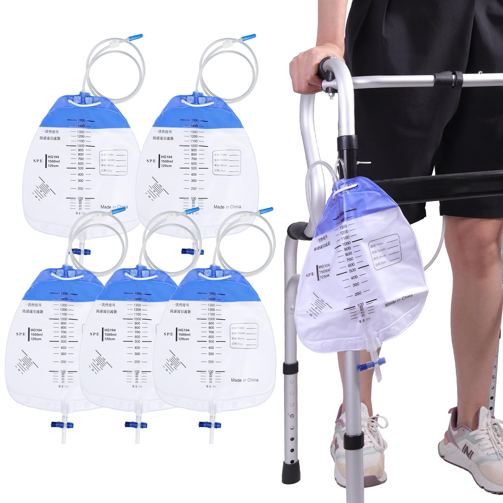ENLUNTRA Urinary Drainage Bag with Anti-Reflux Chamber, Urine Bag with 1500 mL Volume(5 Pack)