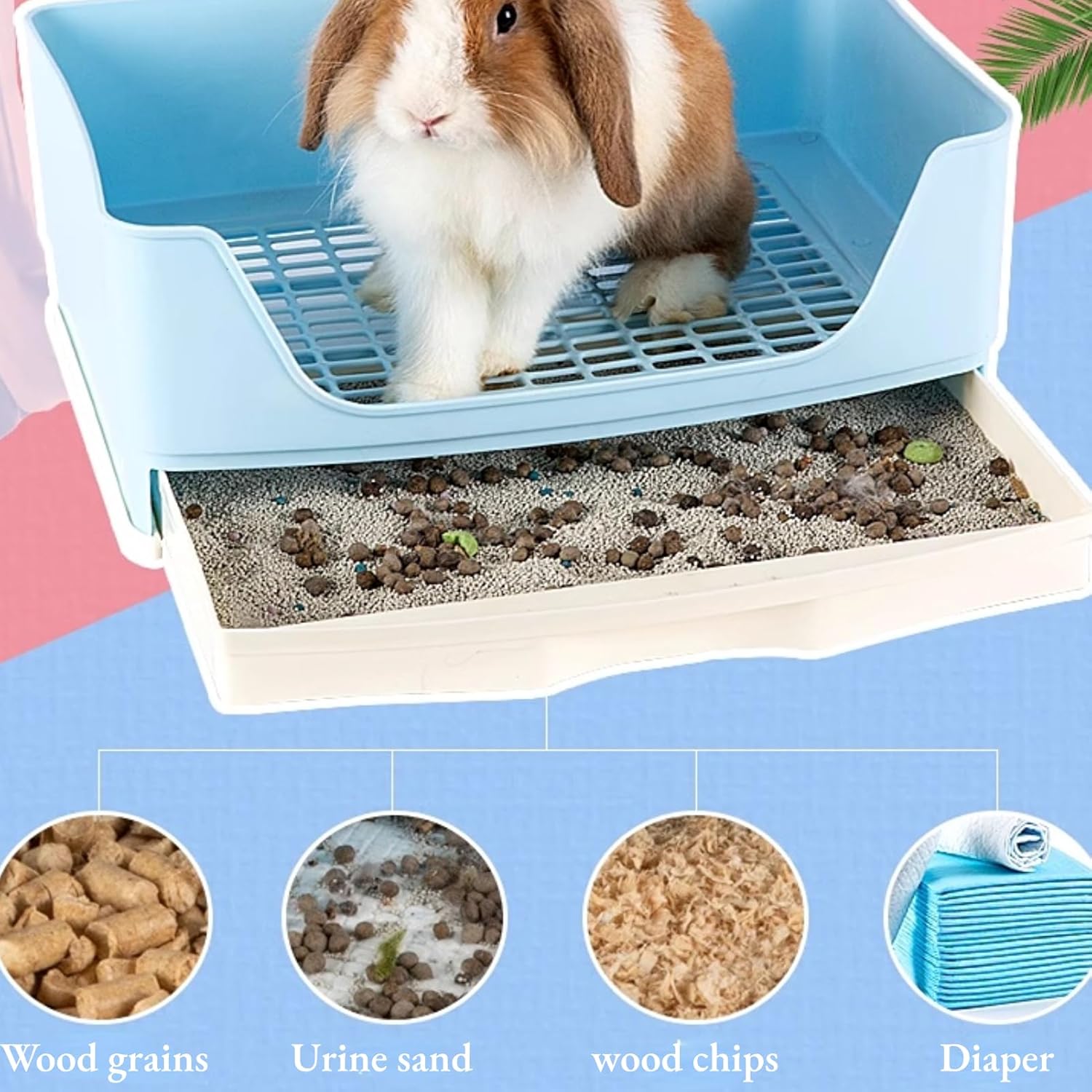 Rabbit Litter Box Large, Bunny Litter Box with 100pcs Diaper Pads Toilet Potty Trainer Pet Litter Pan with Drawer Corner Litter Box for Bunny Ferret Chinchilla(15.74 x 11.81 inch)