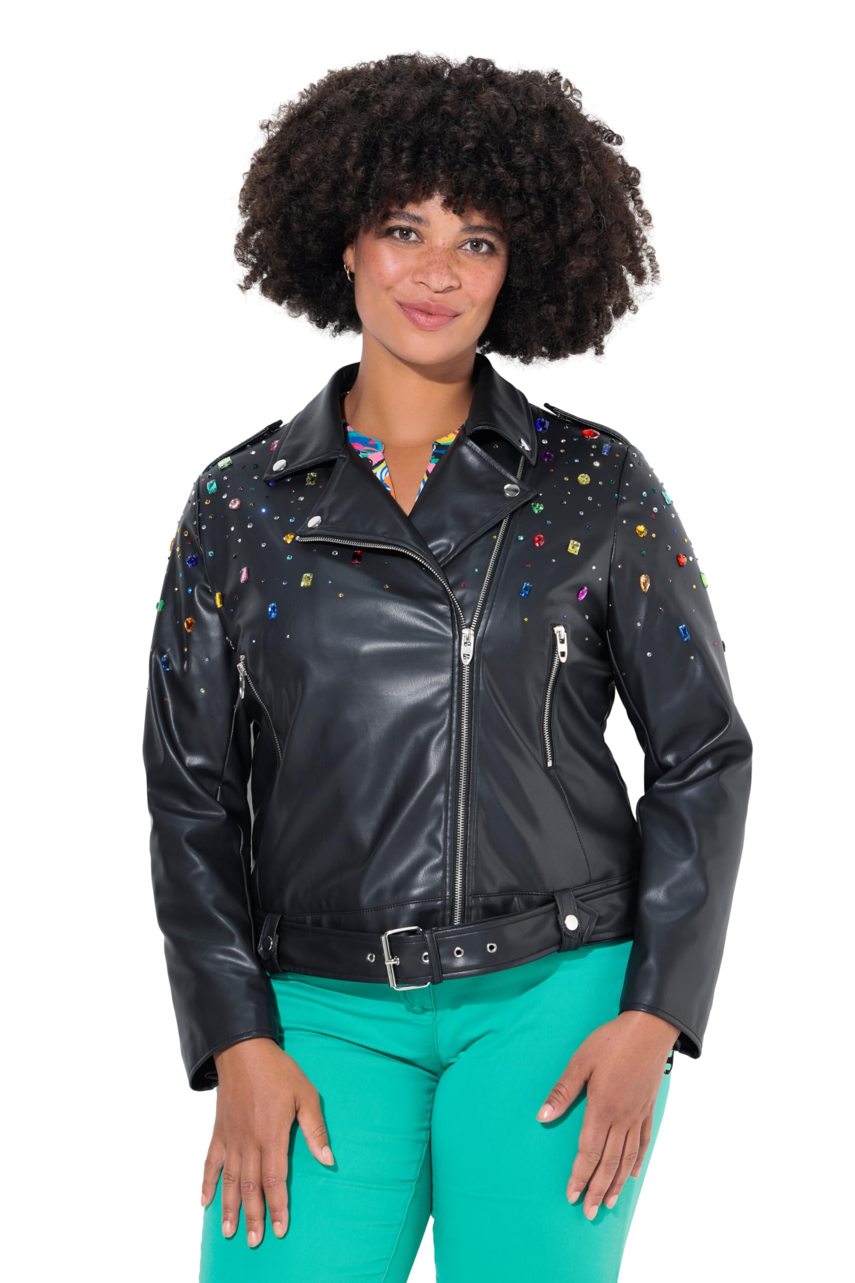 Angel of Style Damen große Größen Übergrößen Plus Size Bikerjacke, Lederoptik, farbige Glitzersteinchen 834339