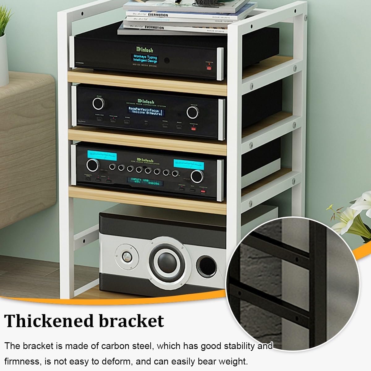 Modern AV Media Stand Cabinet, 3-Tier Audio Rack Tower for Gaming, Living Room & Office, Easy Assembly Printer & Stereo Shelf (66cm/30in) image 4