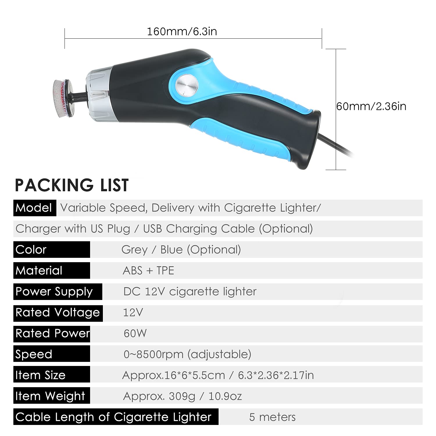 Mini lucidatrice da 60 W, con presa accendisigari, 8500 giri/min, lucidatrice elettrica a velocità variabile, lucidatrice elettrica, lucidatrice, macchina per la riparazione della superficie dell'auto