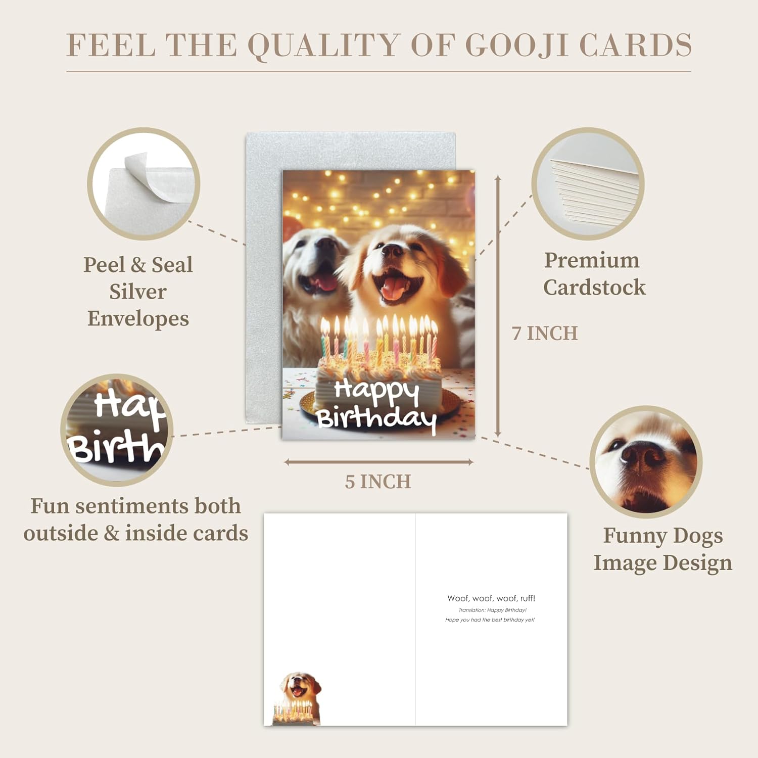 Gooji 5x7 Dogs Birthday Card, Funny Humorous Cute Card for Wife Husband Teenage Young Boy Girl Men Women Adult, Golden (Candles) - Image 2