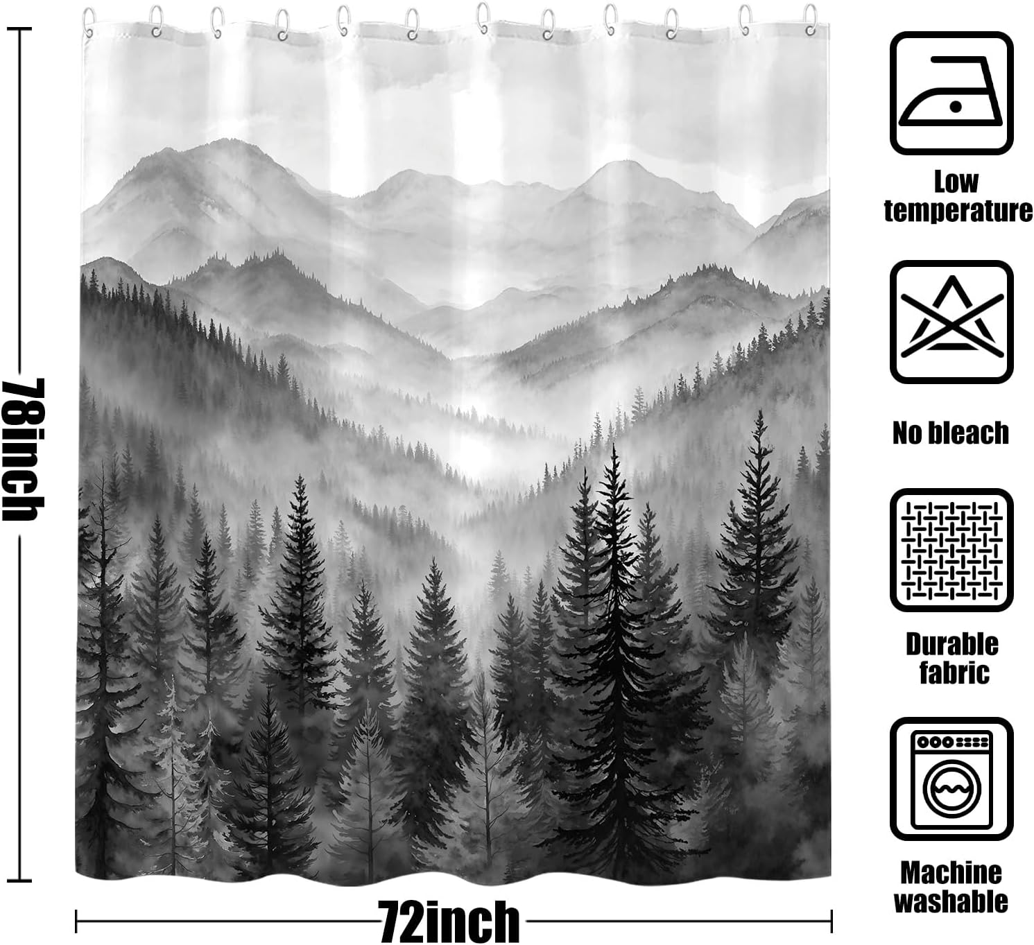 Accnicc Forest Mountain Shower Curtain Black and White Nature Misty Pine Tree Shower Curtains for Bathroom Dark Grey Foggy Rustic Woodland Decorative Waterproof Fabric Bath Curtain Decor 72×78 Inches