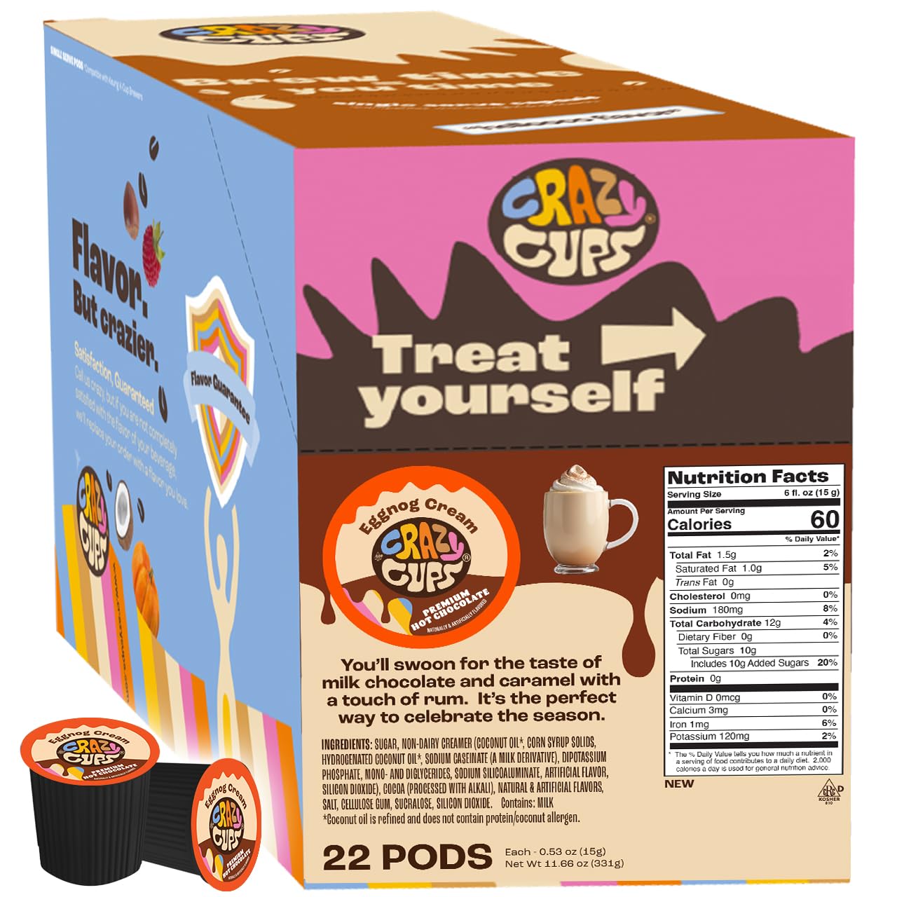 Crazy Cups Creamy Eggnog Hot Chocolate Pods, Perfect Eggnog Cream Flavored Hot Chocolate for Keurig K Cups Brewers, Smooth and Creamy Eggnog Hot Cocoa Mix, 22 Count