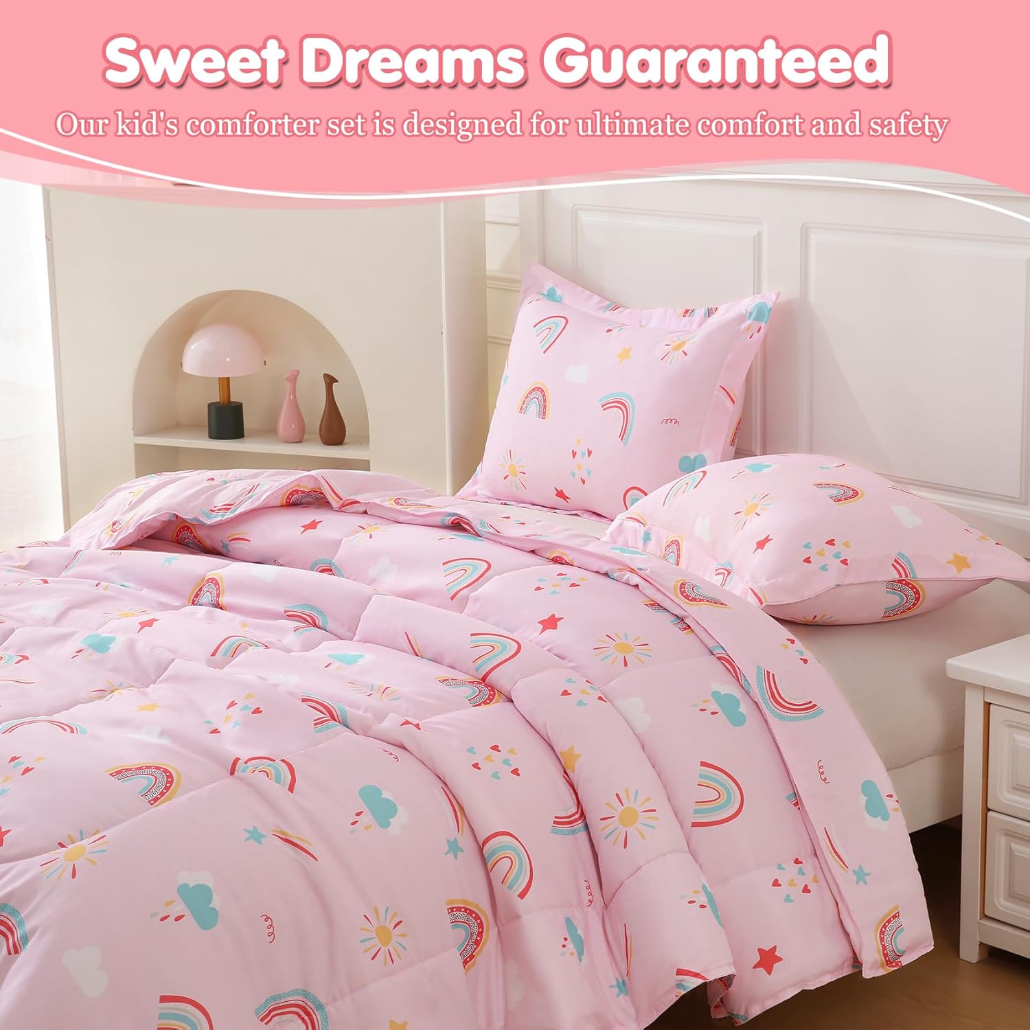 Full Size Comforter Sets for Girls Kids Rainbow Bedding Set Pink Princess Bed Sets with 2 Pillowcases 3 Pieces in A Bag Children Bedroom Decor Soft Lightweight for All Season Durable Machine Washable