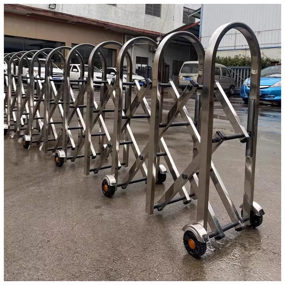 Barrera móvil retráctil de Acero Inoxidable - Barrera de Seguridad Extensible con Ruedas para Control de Acceso vehicular - Puerta Plateada Duradera (0,9 x 2 m)