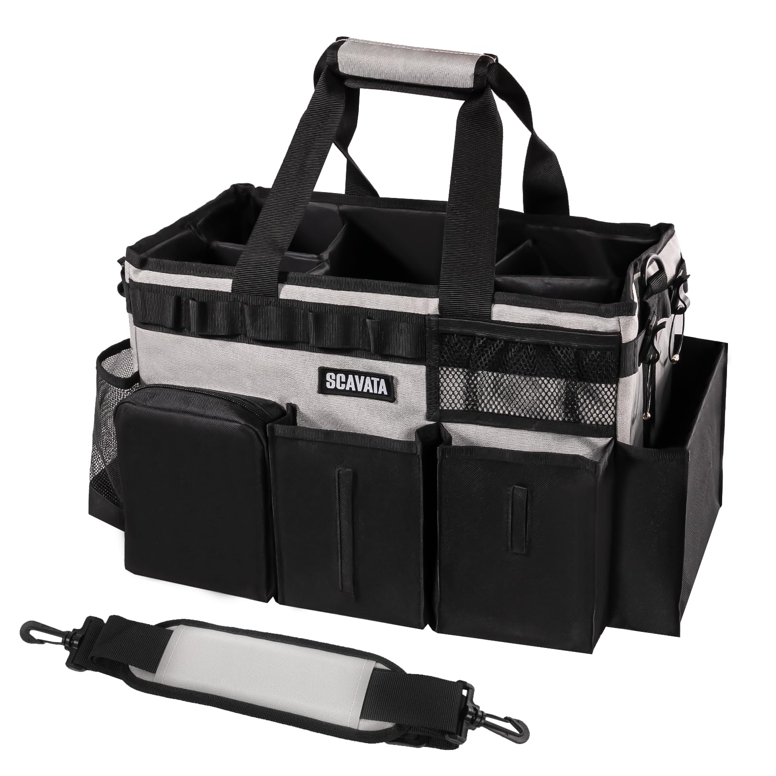 SCAVATA Cesta de Limpieza portátil, Organizador de Suministros con asa y Tirantes para Mujeres de Limpieza, Debajo del Fregadero y el Coche, con 4 separadores Plegables (Negro Gris)